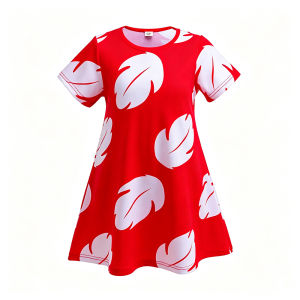 Girls Hawaiian Dress Set Red Tropical Leaf Print Summer Dress Kids Luau Birthday Party Costume Outfit