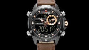 NAVIFORCE New Mens Sports Watch LED Digital Dual Display 3ATM Waterproof Watch Leather Watch Multi-Function Clock NF9208