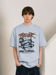 เสื้อยืดคอกลมแขนสั้นพิมพ์ลายการ์ตูนสุนัขหลวมๆ สำหรับผู้ชาย Lilbetter เสื้อยืดคอกลมทรงหลวมสไตล์อเมริกัน