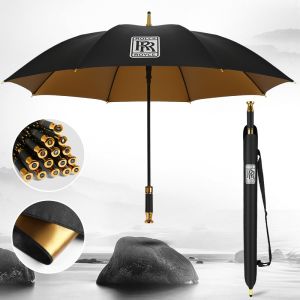 Luxurious Long-Handled Full-Fiber Golf Umbrella with Car Logo Design Gold Glue Handle Polyester Fiber Rain Umbrella for Adults