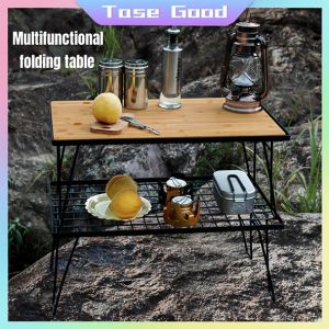 Tase Good Multipurpose Camping Stacking Storage Rack Camping Black Steel Table Stacking Storage Rack Foldable Table Bamboo Board