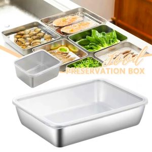 Stainless Steel Square Plate Tray With Lid Rectangular Food Storage Pan Commercial Dish Tray Large Refreshing Lunch Box Container