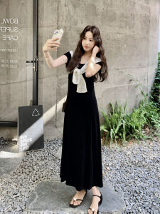 Elegant Black Lace Shoulder Wrap Dress Womens Summer Slimming Long Dress High Waist Short Sleeve A-Line Gown Korean Style