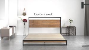 Zinus Tempat Tidur Ranjang Besi Suzanne / Sandaran Kayu Bambu / Design Industrial / Easy Assembly / Tinggi 17cm