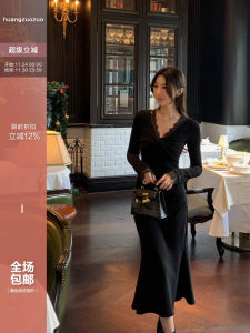 Váy Đuôi Cá Ren Cổ Chữ V Cạp Cao Cho Nữ Mùa Đông Thanh Lịch Váy Dài Tay Dài Váy Midi Chất Liệu Polyester