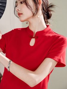 Stand Collar Buckle T-Shirt Womens Short Sleeve Summer New Arrival National Trendy Style Chinese Improved Cheongsam Outwear Pure Cotton Elegant Tops
