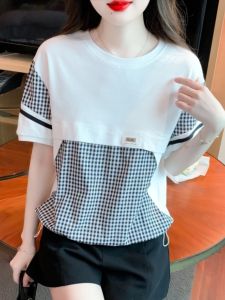 Womens Short Sleeve Striped Patchwork Top Summer New Design Half Sleeve T-Shirt Versatile Commute Loose Fit round Neck Polyester Fiber