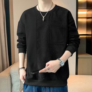 ROMON | Romon Mens Long Sleeve Hoodie Casual Spliced Spring Autumn Loose Fit Polyester T-Shirt Youth Fashion Round Neck Pocket Design