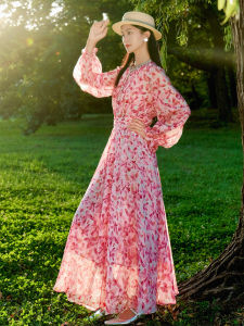 Fall Autumn Floral Print High Waist A-Line Dress Korean Style Commute High Fashion Elegant Ladylike Beach Vacation Dress