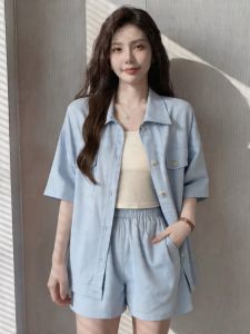 Slimming Aesthetic Younger-looking Womens Suit Set Workwear Shirt Wide Leg Shorts