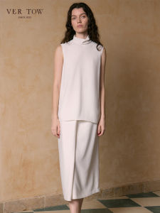 Ver Tow High Collar Sleeveless Acetate Set Casual Commute Elegance Womens Skirt Two-Piece Suit Short Sleeve Zipper Closure