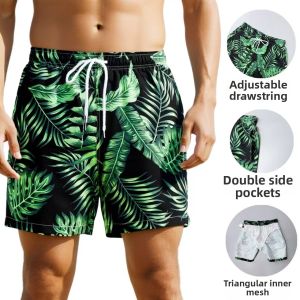 Hawaiian Print Adjustable Drawstring Swim Trunks For Large Men