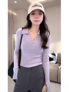 HUOLISI | Knit Purple Turn-down Collar Long Sleeve Womens Slim Fit Korean Chic Sweater