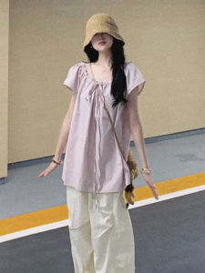 YUEZHONGWEI | Pink Short Sleeve Loose Shirt Womens Summer Design Sense French Style Small Capitalism Top Medium Length Flying Sleeve Shirt
