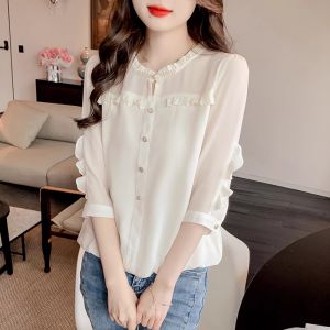 WANGGONGZHU | Elegant French Style Chiffon Shirt Womens Spring 2025 New Fashion Sleeve Design Chic Top Korean Loose Fit Solid Color
