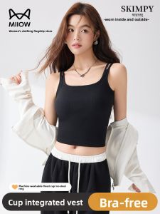 Miiow | Black U-Neck Strap Vest Womens Inner Wear With Chest Pad Summer Thin Backless Base Layer Underwear Bra Breathable Cotton Blend