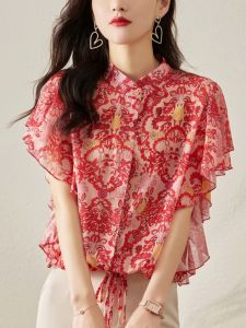 French Style Ruffles Chiffon Shirt Womens Stand Collar Summer Red Western Style Fashion Stylish Chic Floral Tops