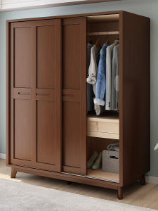 Nordic Style Solid Wood Wardrobe Sliding Door Two Door Closet with Top Cabinet Corner Cabinet for Bedroom Small Layout