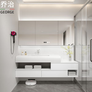 Modern Simple Oak Bathroom Cabinet Combination with Integrated Basin Durable Rock Board Surface Rubber Wood Material