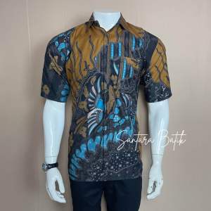 Kemeja batik pria motif manuk tarung kuning