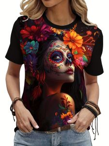 Womens Tee - Colorful Sugar Skull & Floral Graphic Vibrant Day of the Dead Design for Casual Daily Wear