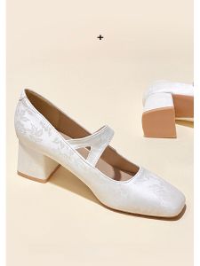 Retro Mary Jane Womens Shoes New Chinese Style National Trend Thick Heel Single Shoes Match Horse Face Skirt Beige Square Head High Heels