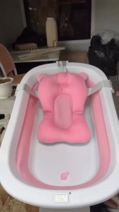 PlayPark Foldable Baby Bathtub Portable Baby Bath Tub with Cushion Seat Non Slip Newborn Bath Tub for Kids 0-5 Years
