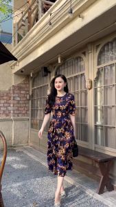 Đầm mango LLis xanh đen phôi họa tiết hoa cổ tròn nhún eo dịu dàng sang trọng M89