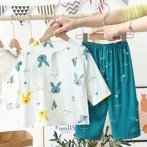 Baby Summer Air Conditioning Suit Thin Cotton Silk Long Sleeve Home Clothes Set for Boys And Girls Childrens Sleepwear