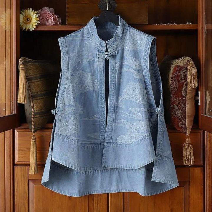 Chinese Style Button up Denim Vest Women's Sleeveless Flag Dress