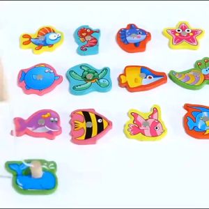 15PCS Wooden Magnetic Fishing Game Toy Set for Kids Cartoon Fish Toys Montessori Educational Board Game Parent-child Interactive Gift