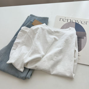 Versatile Solid Color Casual Bamboo Cotton Long Sleeve round Neck T-Shirt Women Loose Slimming Base Shirt Spring Trendy Top