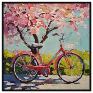 Tranh phong cảnh mùa xuân chiếc xe đạp dưới cây hoa đào. Tranh treo tường dán tườngcanvasCGI-1832