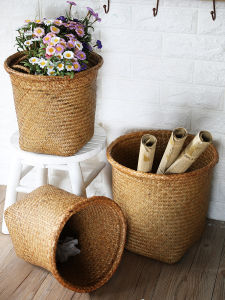 Woven Basket Trash Can Office Bathroom Uncovered Living Room Creative Willow Weaving Bedroom Grass Basket Storage Organizer