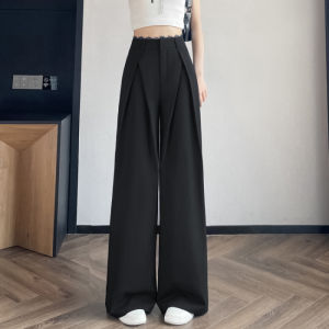 Quần Ống Rộng Ren Nối Dài Cho Nữ Mùa Xuân Thu Thiết Kế Gấp Cao Cạp Quần Ống Thẳng Rộng Rãi Màu Xám Lụa Băng Quần Vest