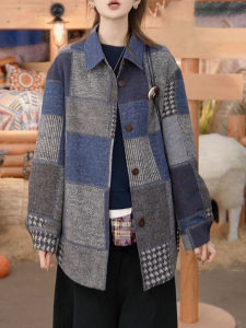 QINGNAER | Vintage Denim Checkered Patchwork Loose Womens Jacket
