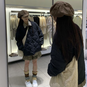 KUGEMA | Áo khoác cotton dày mùa đông cho nữ 2025 Áo khoác cotton lót nylon họa tiết kim cương cỡ nhỏ dài tay khóa kéo màu trơn