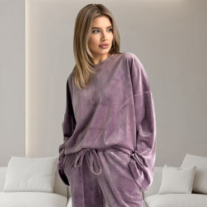 Hiloc ชุด Pakaian Rumahan ผ้ากำมะหยี่ถัก2ชิ้นสำหรับผู้หญิงแขนยาวหลวมชุดนอนคอโอผู้หญิงกางเกงขายาวทางการสำหรับสตรีลำลองฤดูใบไม้ร่วง