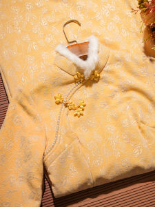 Beautiful Unique Goose Yellow Thickened Fleece Long Qipao Winter Clothes Daily Wear Comfortable Warm Floral Patterned Dress