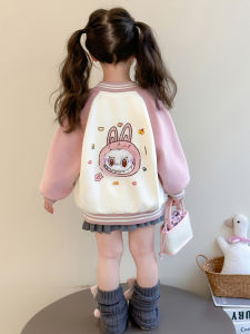 Cute Girls Spring Autumn Baseball Jacket Fashionable Outerwear Long Sleeve round Neck Single Button Closure Breathable Coat