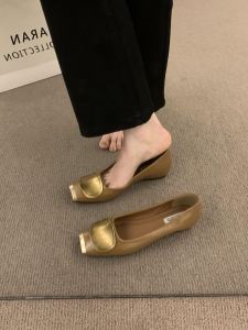 Trendy French High-End Metal Toe Womens Slip-On Work Shoes Comfortable All-Match Commute Fashionable Flat Heel Leather