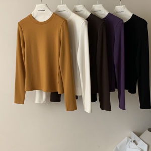 Long Sleeve Fleece Lined round Neck Cashmere Cotton Solid Color Slimming Inner Wear T-Shirt Womens Fashion Bottoms Pants