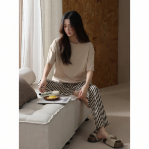 me home wear | Cotton Summer Pajama Set Loose Thin Round Neck Short Sleeve Long Pants Three-Piece