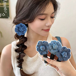 Denim Blue Flower Phone Cord Hair Rope Scrunchy High Elastic Telephone Lie Rubber Band Tie Women Flowers Headdress