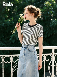 puella | Áo Thun Nữ Trẻ Trung Ôm Sát Cổ Tròn Có Thêu Dây Kẻ Đối Chiếu