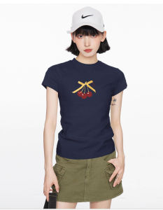 Blue Cherry Print Short Sleeve T-Shirt Womens Summer Slim Fit Short Style Top American Style Commute Simple Style Pure E-commerce
