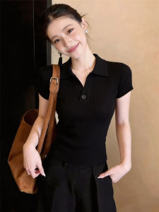 Slimming Versatile Womens Polo Collar Short Sleeve Knitwear