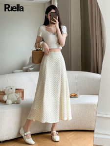 puella | Vintage Cotton Linen Print Midi Skirt with Polka Dots High Waist A-line Fish Tail