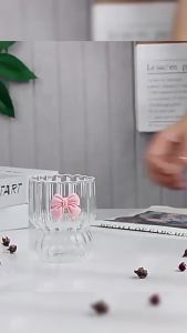 Nexlent 300ml Cute Bow Shaped Glass Cup Coffee Cup Transparent Cold Drink Ice Cream Cup Mug