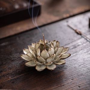 Ceramic Incense Burner Lotus Incense Stick Holder Sage Green Glaze Vintage Buddhist Lotus Flower Yoga Studio Decor